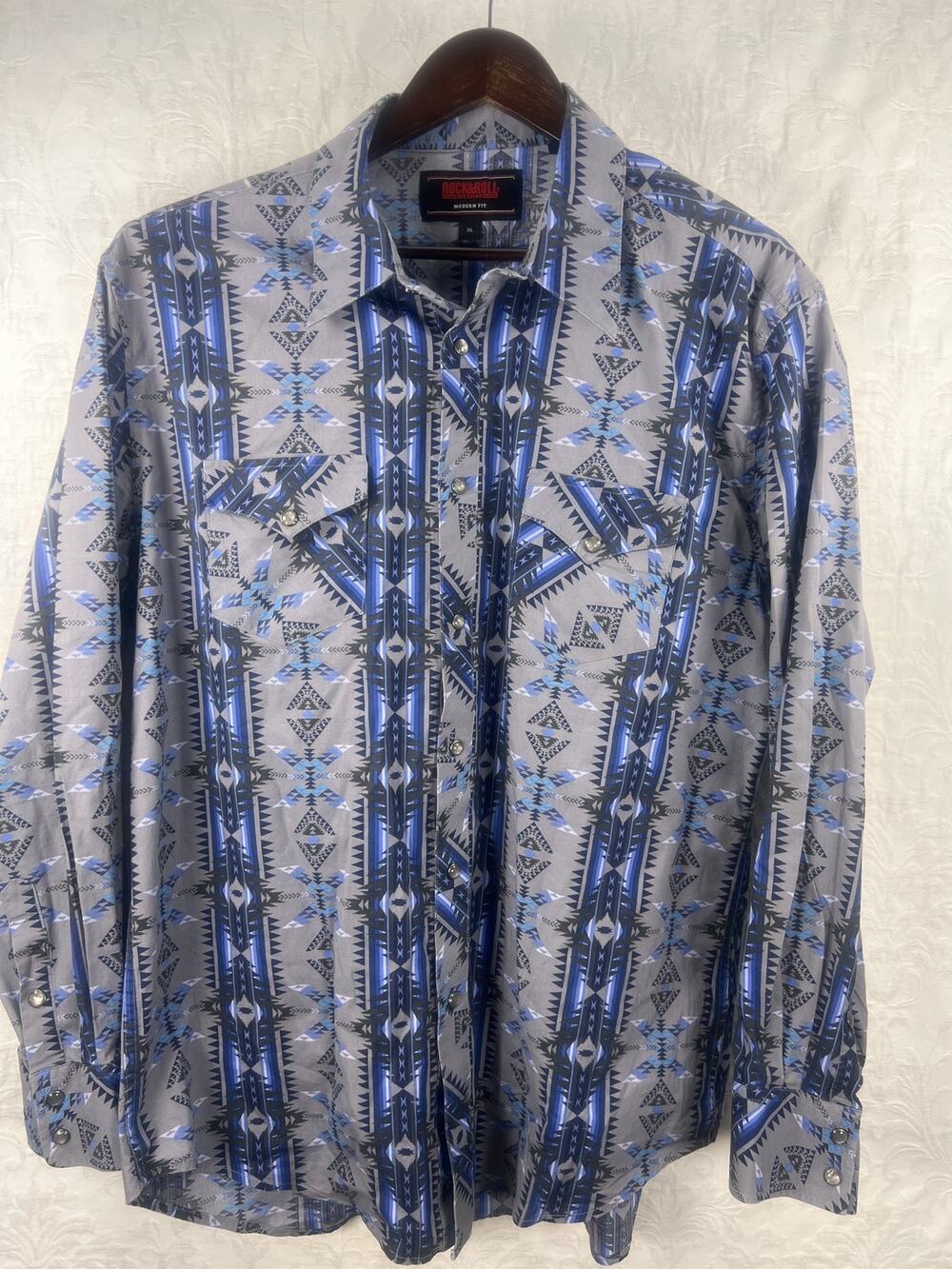 Rock & Roll Denim Aztec Western Pearl Snap Shirt Rodeo XL
